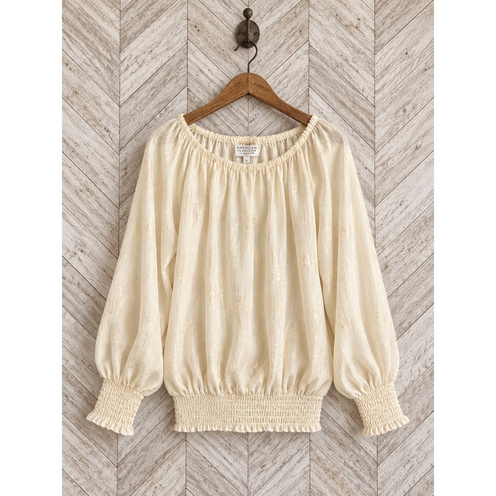 American Glamour Badgley Mischka Blouse Gold Shimmer Smocked Cream Size M